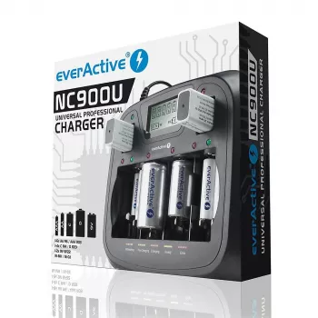 Akkulaturi everActive NC-900U Universal DC — lataa AA, AAA, C, D, 9V, jopa 6 kennoa, musta