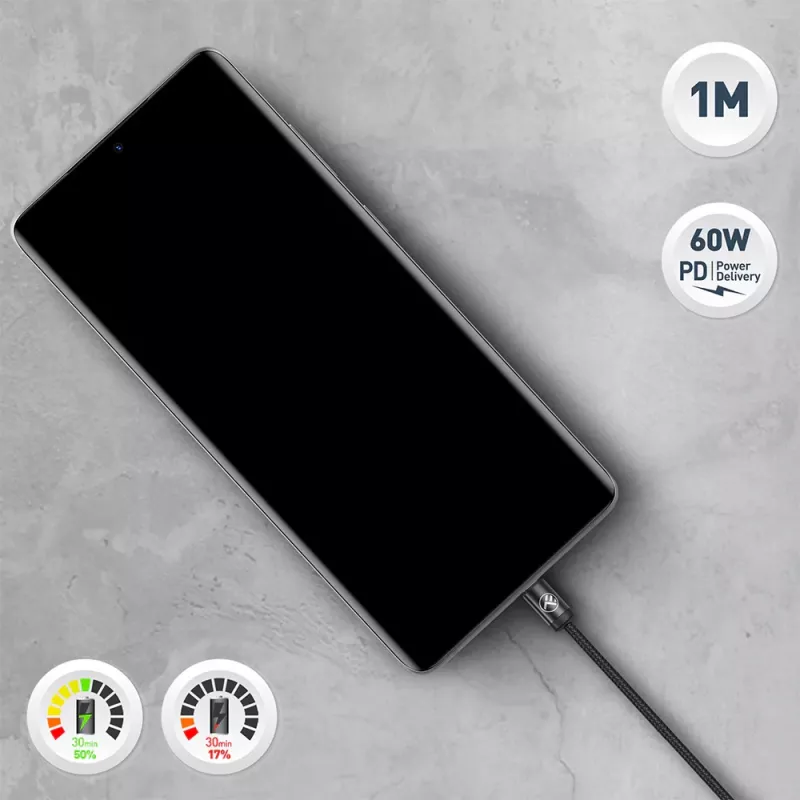 USB-C-kaapeli Tellur TLL155791, 1 m, 3A, musta
