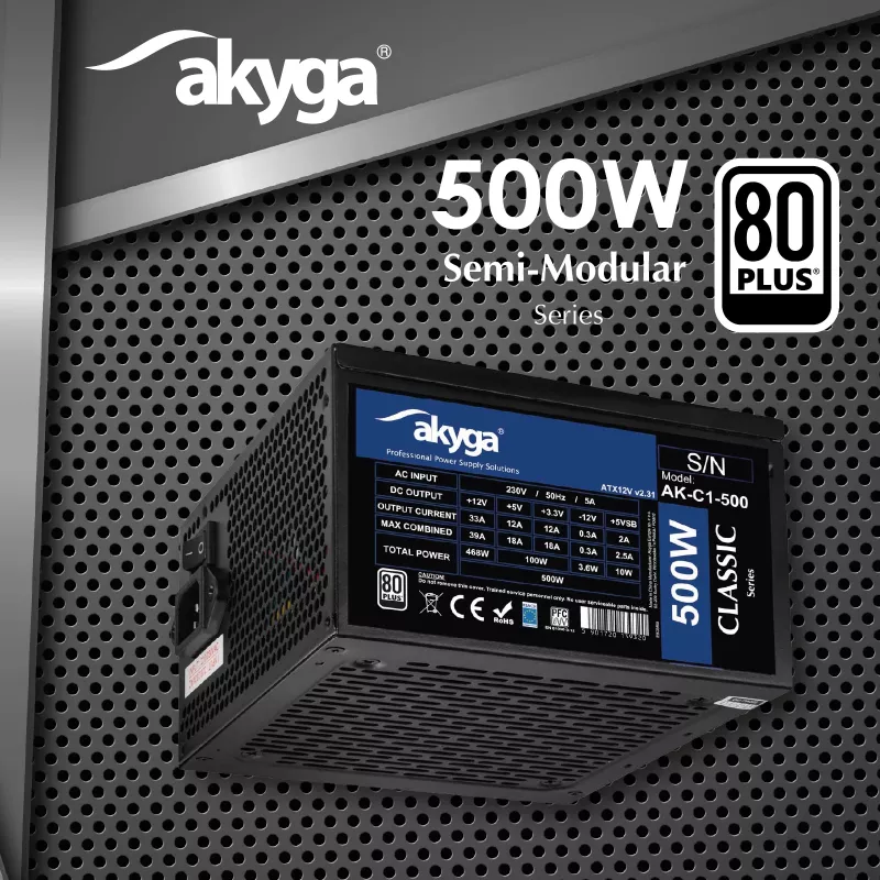 Akyga Classic AK-C1-500 ATX-virtalähde 500 W, 80 PLUS, aktiivinen PFC, 120 mm tuuletin