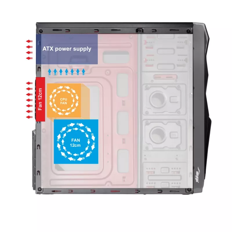 Akyga AK939BL Midi Tower -tietokonekotelo, ATX / Micro-ATX / Mini-ITX, 2x USB 2.0, ilman virtalähdettä, musta