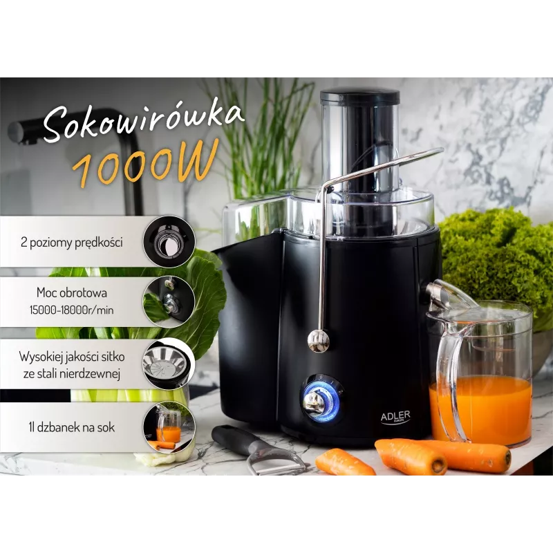 Linko Adler AD 4127 — 1000 W, musta, mehusäiliö, 3,9 kg
