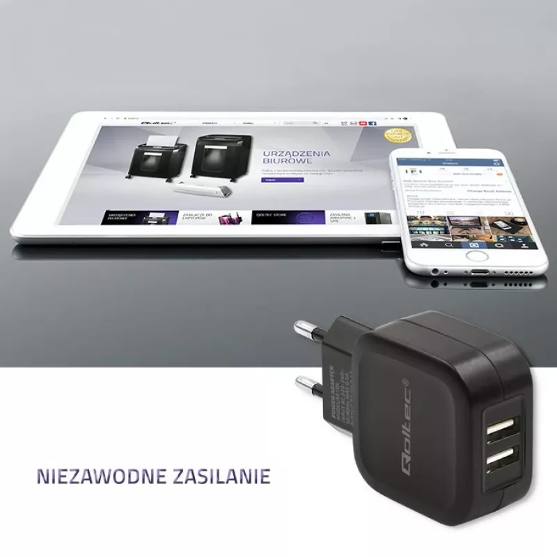Sisälaturi QOLTEC 50186 älypuhelimelle ja tabletille, 5 V 3.4 A, 17 W, 2× USB, musta