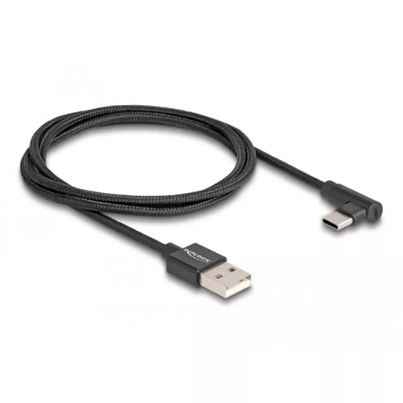 USB 2.0 -kaapeli, USB-A-uros > USB-C-uros (musta, 1 metri, päällystetty, 90° kulma)