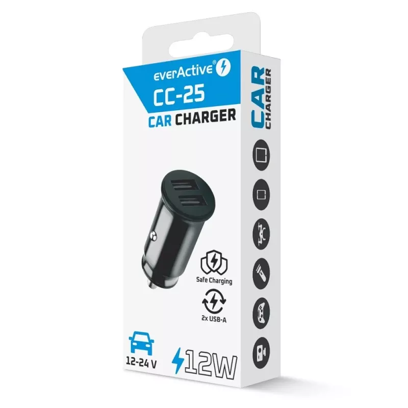 Autolaturi everActive CC-25 — 2x USB-liitäntä, 12W kokonaisteho, 12V–24V ajoneuvovirta