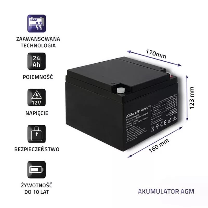 Qoltec 53036 AGM-akku | 12V | 24Ah | max 360A