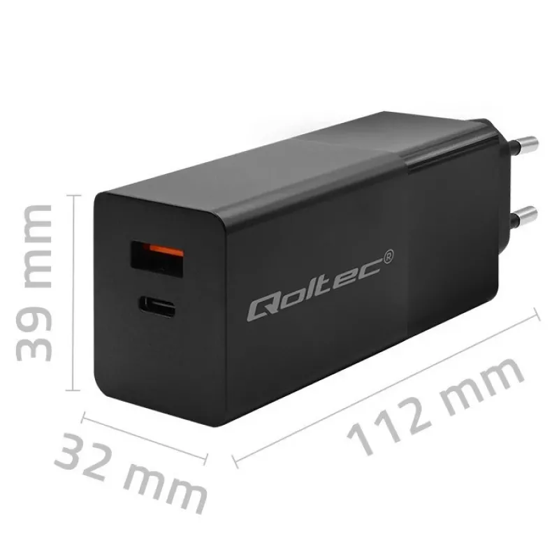 Qoltec 52382 GaN POWER PRO -laturi | 1xUSB Type-C | 1xUSB A | 100W | 5-20V | 1.5-5A | PD | musta