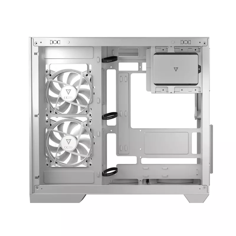 PC-kotelo MODECOM Volcano Panorama Midi Tower valkoinen — micro ATX, karkaistu lasi, ARGB, USB-C, tukee GPU 400 mm