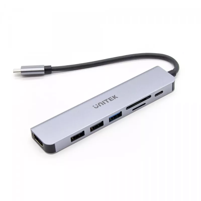 USB-C-keskitin Unitek 7in1 alumiini PD 100W 5 Gbps — moniporttinen sovitin Power Delivery -tuella