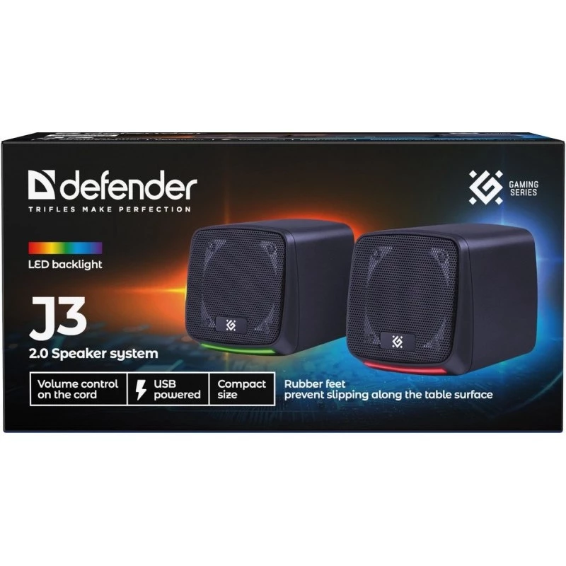 Defender J3 2.0 tietokonekaiuttimet, 6 W, LED, USB-virta, AUX, 90–20000 Hz, musta