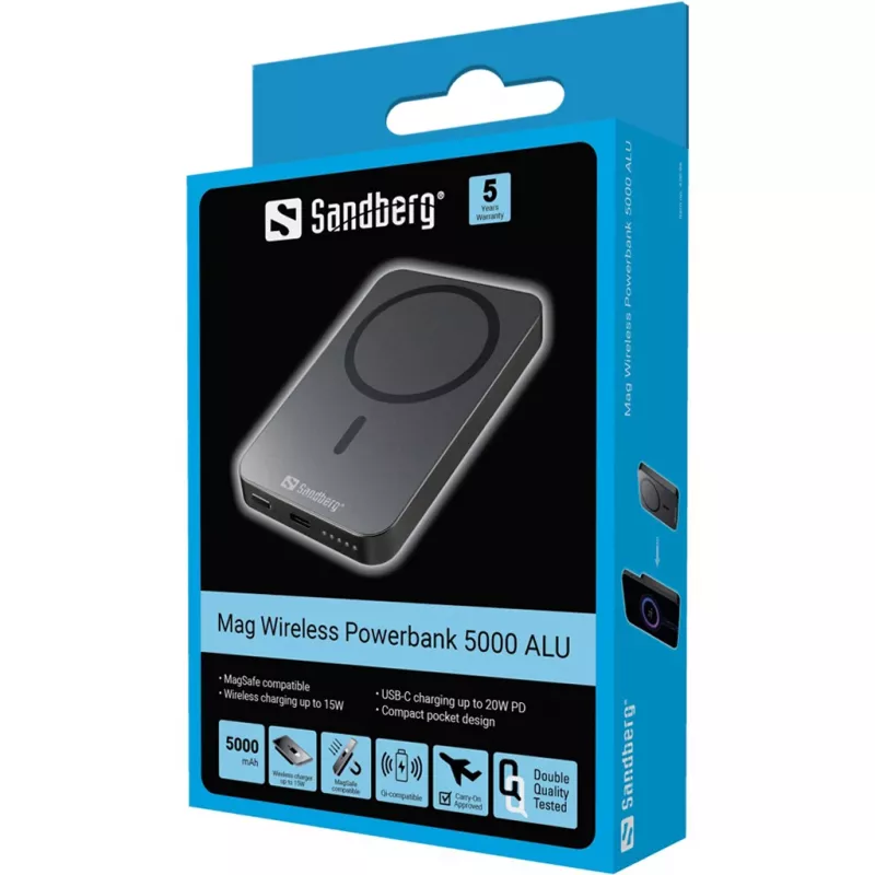 Kannettava virtapankki Sandberg Mag Wireless Powerbank 5000 ALU, 5000 mAh