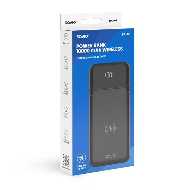 Savio BA-09 langaton varavirtalähde, 10000 mAh, musta