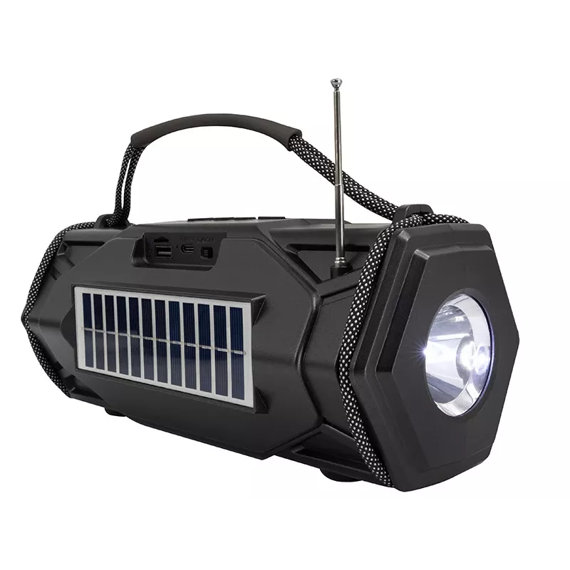 Tracer Explorer TRAGLO47616 kannettava Bluetooth-kaiutin, TWS, Bluetooth 5.3, 15 W RMS, FM-radio, taskulamppu, aurinkopaneeli, 1800 mAh varavirtalähde, microSD, musta