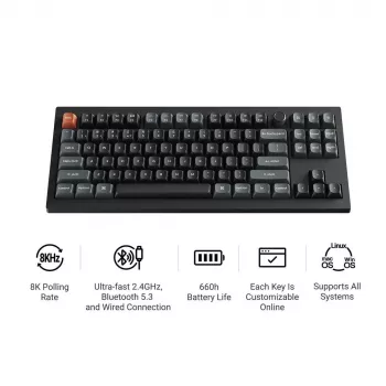 Mekaaninen näppäimistö Keychron V3 Ultra 8K – kaapeli & Bluetooth, QWERTY, RGB, musta
