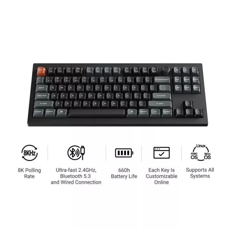 Mekaaninen näppäimistö Keychron V3 Ultra 8K – kaapeli & Bluetooth, QWERTY, RGB, musta
