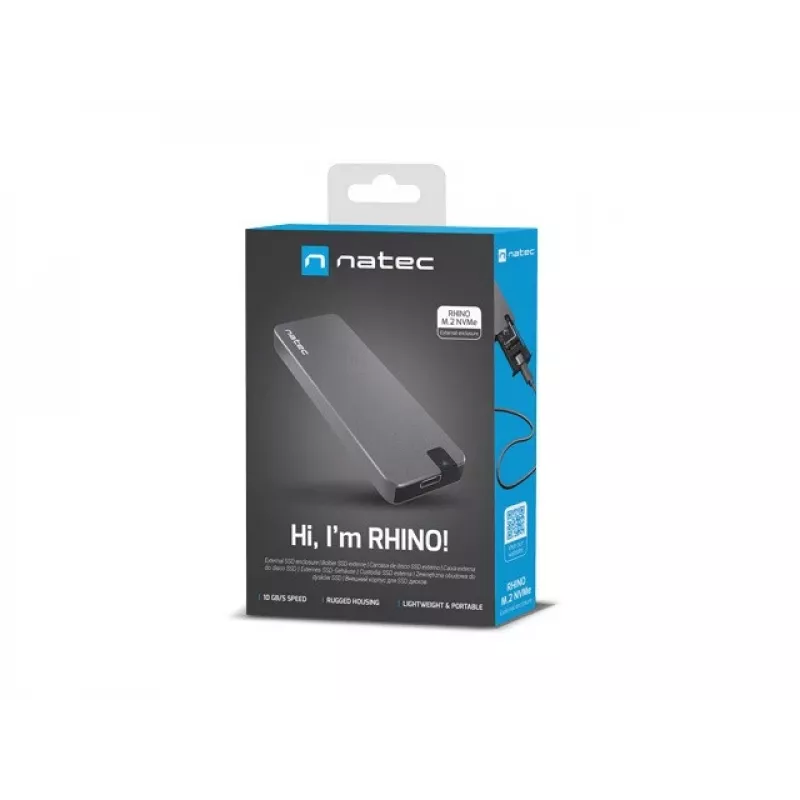 Natec Rhino NKZ-1953 M.2 NVMe SSD -kotelo, USB-C 3.2 Gen 2 10 Gbps, M.2 2230/2242/2260/2280, enintään 2 TB, alumiini