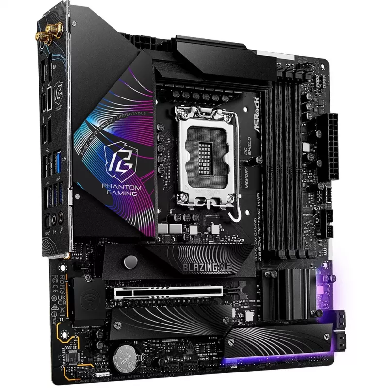 ASRock Phantom Gaming Z890M Riptide WiFi emolevy, Intel Z890, LGA1851, micro ATX, DDR5, enintään 256 GB, Wi-Fi 6E, Bluetooth, 5GbE LAN, USB4