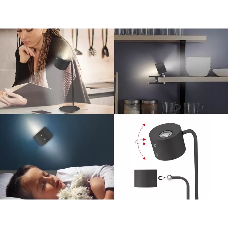 Beper P201UTP304 ladattava LED-valaisin magneettijalustalla, klipsillä ja seinäkiinnikkeellä, 2,3 W, himmennettävä, musta