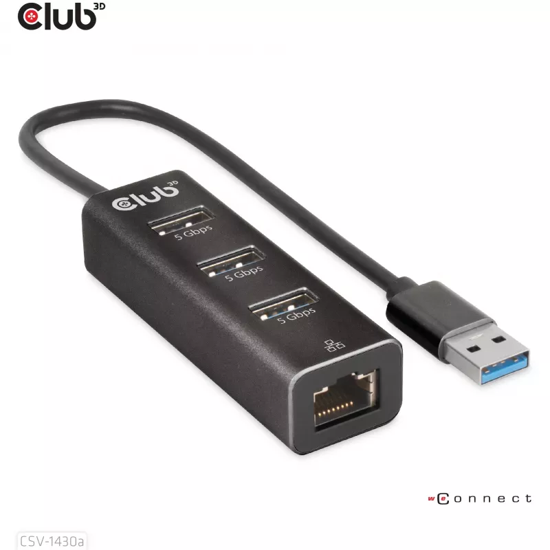 USB-keskitin CLUB3D USB 3.2 Gen1 Type-A 3 liitännällä ja gigabitin Ethernet
