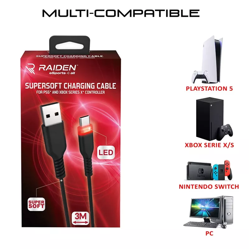 USB-C-latauskaapeli SUBSONIC SA5601 3 m – yhteensopiva PS5, Xbox, Nintendo Switch