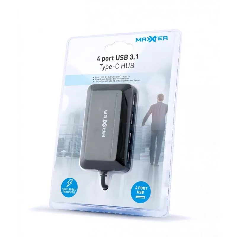 USB-keskitin GEMBIRD ACT-HUB3C-4P — USB 3.2 Gen 1 Type-A isäntä 4 × USB 3.2 Gen 1 Type-C, 5000 Mbit/s, musta