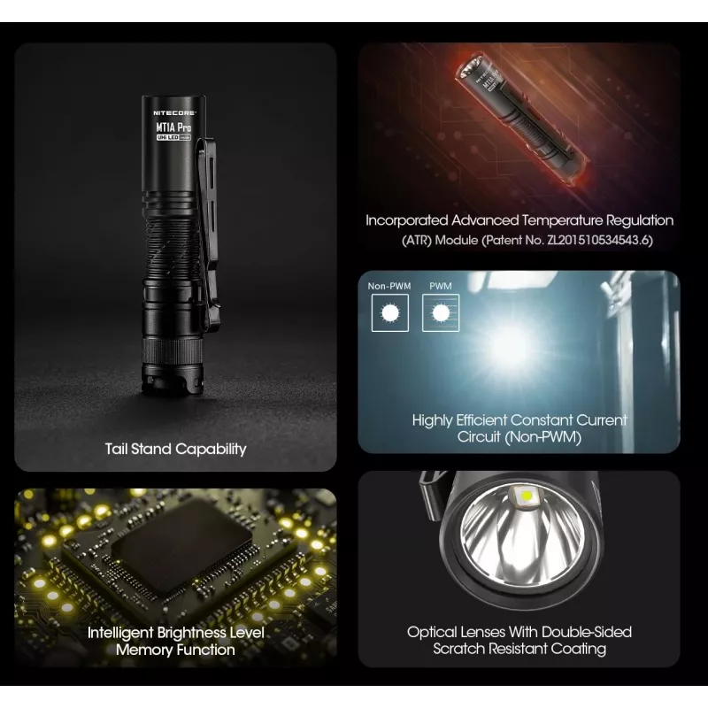 Käsivalaisin Nitecore MT1A Pro — LED 50 lm, USB ladattava, 1100 mAh, alumiini, vedenpitävä, iskunkestävä, musta