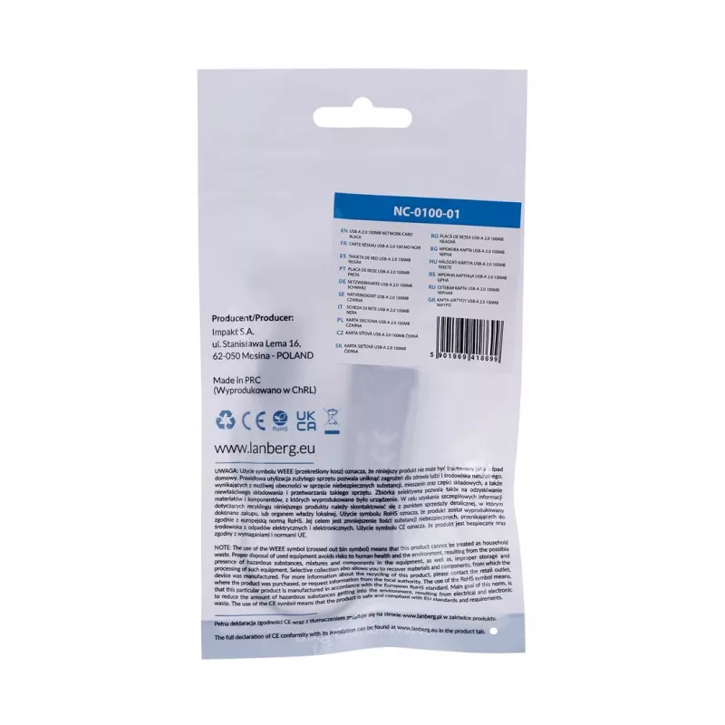 Lanberg NC-0100-01 USB 2.0 – RJ45 100 Mbit verkkosovitin, 0,15 m kaapeli