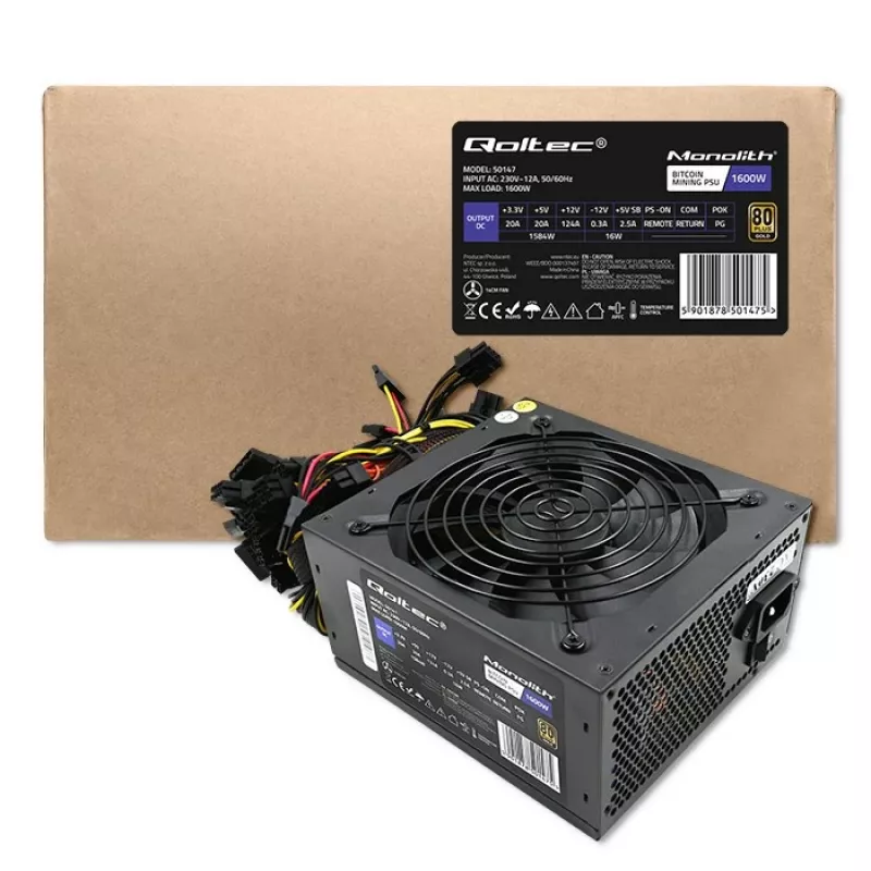 Virtalähde QOLTEC Gaming Miner 1600W Gold, 1600 W, ATX, Gold-hyötysuhde