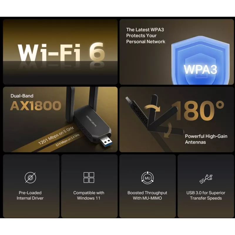 Wi-Fi USB -sovitin MERCUSYS MA72XH AX1800 high gain -antenneilla, USB-A Plug and Play