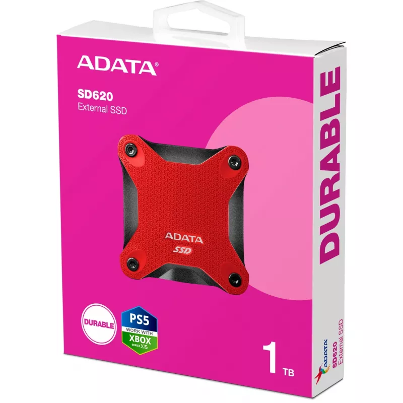 Ulkoinen SSD ADATA SD620 1 TB, kannettava USB 3.2 Gen 2 (Micro-USB B), lukunopeus 520 MB/s, kirjoitusnopeus 460 MB/s, iskunkestävä, punainen