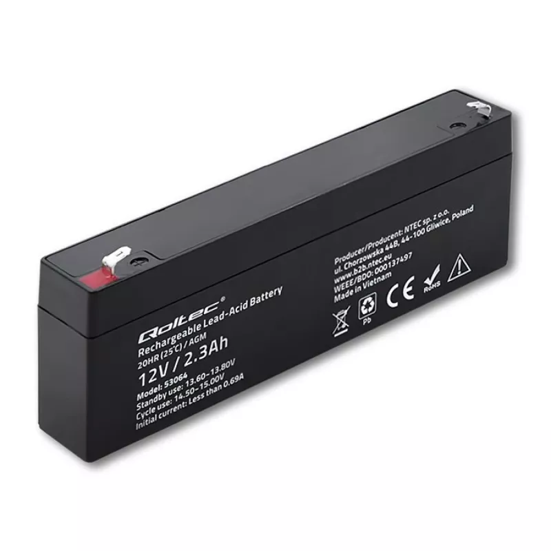 Sinettu AGM-akku QOLTEC 12V 2,3Ah UPS- ja varajärjestelmiin, max. purkaus 34,5A