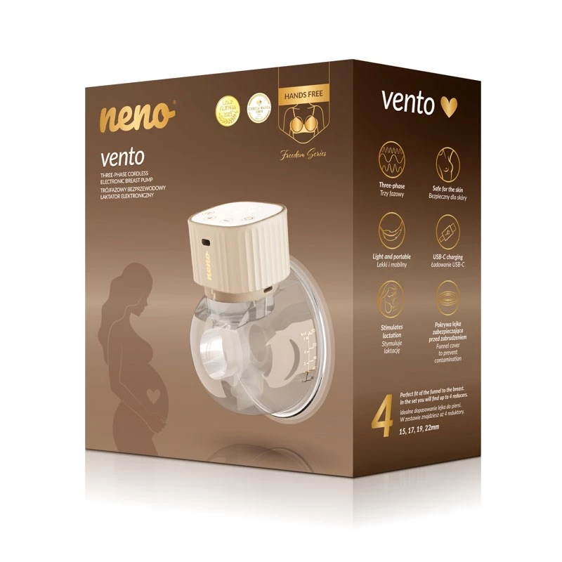 Elektroninen langaton rintapumppu neno VENTO Three-Phase, uudelleenladattava, kannettava, LCD-näyttö, 150 ml pullo, BPA-vapaa, beige