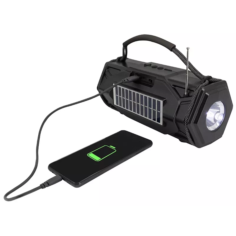 Tracer Explorer TRAGLO47616 kannettava Bluetooth-kaiutin, TWS, Bluetooth 5.3, 15 W RMS, FM-radio, taskulamppu, aurinkopaneeli, 1800 mAh varavirtalähde, microSD, musta