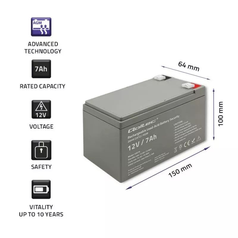 Qoltec 53076 AGM-akku | 12V | 7Ah | turvallisuus