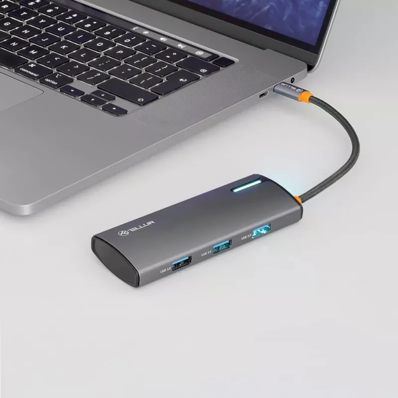 USB-C-keskitin Tellur TLL321061 PD 3.0 100W, HDMI-lähtö ja 3× USB 3.0 -liitäntää