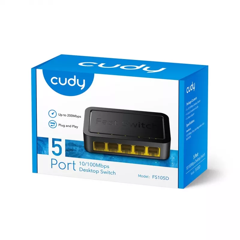 Verkkokytkin Cudy FS105D — 5-porttinen Fast Ethernet 10/100, 1 Gbit/s kytkentä, musta