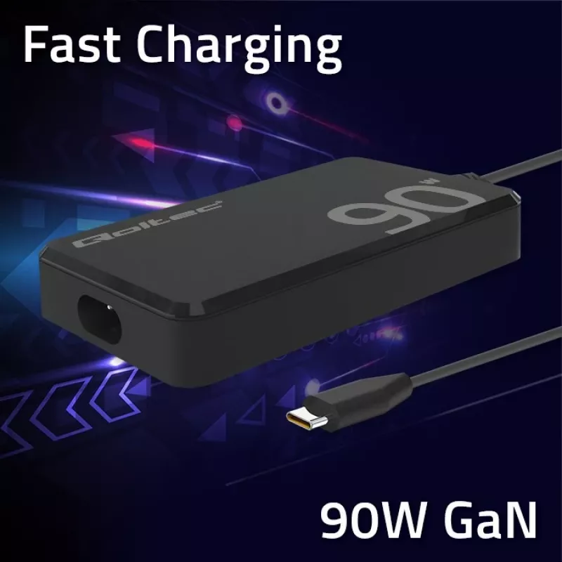 Qoltec 90W GaN Super Fast SLIM seinälaturi | XP | 5-20V | 4,5A | USB-C 3.1 | kannettava | MacBook | älypuhelin | + kaapeli