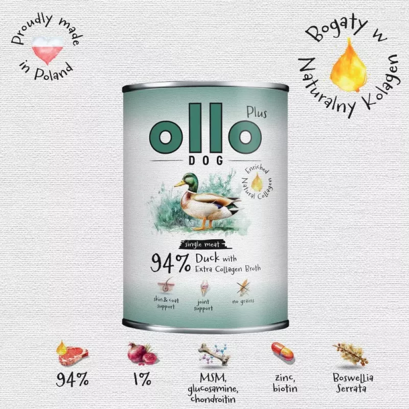 Ollo Plus kollageeni ankka 400 g koiranruokapurkki