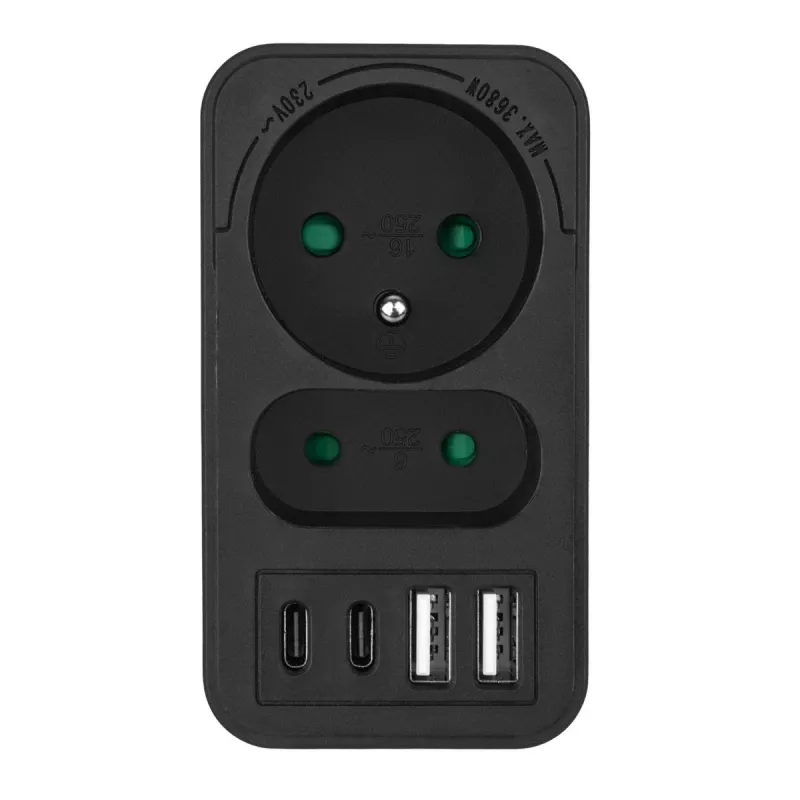 Virranjakaja MACLEAN MCE249 F/B – 2 AC-pistorasiaa (16A + 6A) ja 2×USB-A ja 2×USB-C PD 20W, EU-pistoke, musta