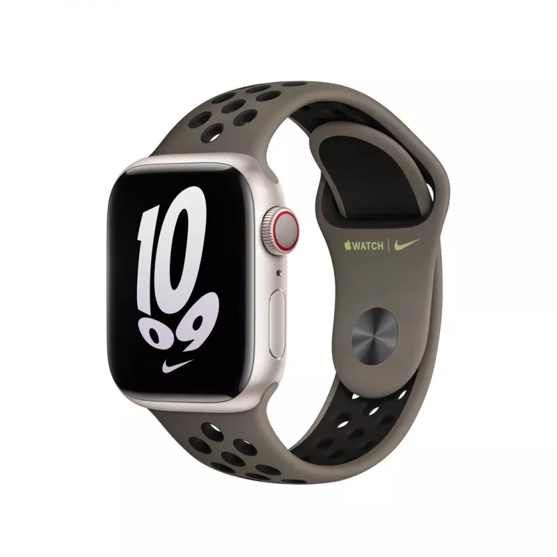 Ranneke Apple Smartwatch, 41 mm oliivinharmaa/musta Nike Sport Band, fluoroelastomeeri, ranne 130–200 mm
