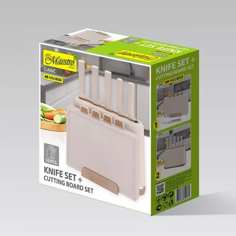 Maestro MR-1412-BEIGE veitsisarja telineellä + leikkuulautasarja beige
