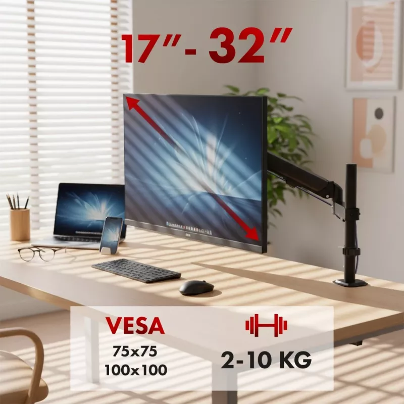 Näyttöteline MACLEAN MC-135 kaasujousi 17–32 tuuman näytöille, kuormitus 2–10 kg, musta