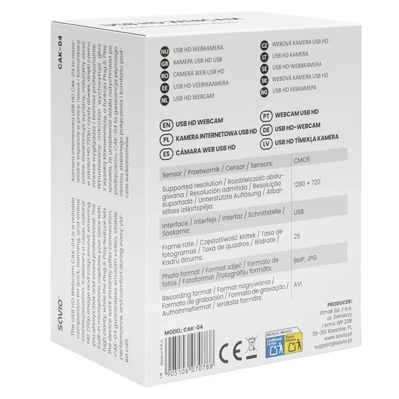 Savio CAK-04 web-kamera 720 MP 1280 x 720 pikseliä USB musta