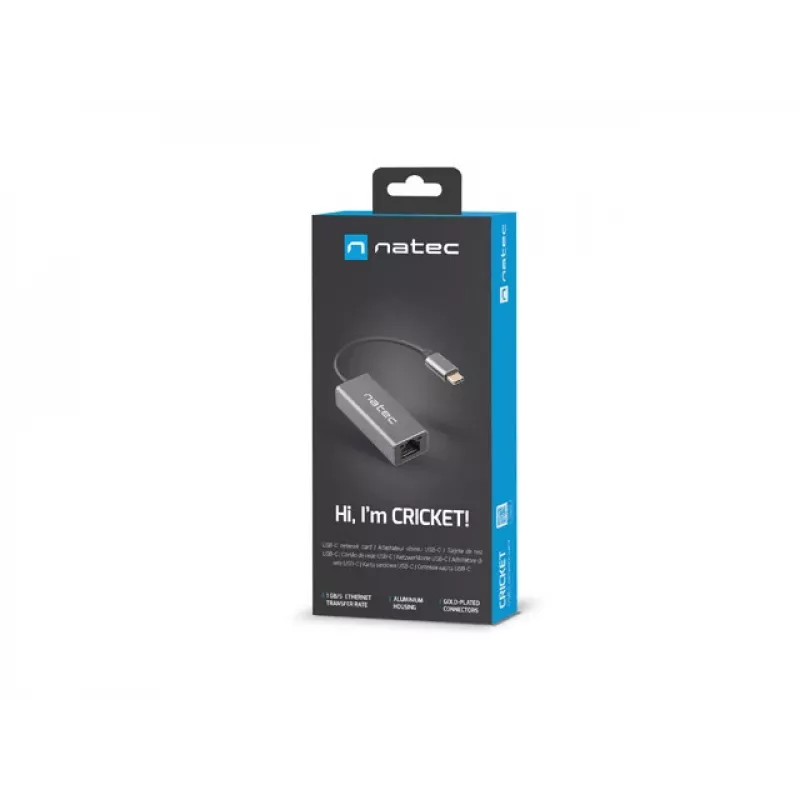 Natec Cricket NNC-1925 USB-C 3.1 Gen 1 – RJ45 Ethernet-sovitin, 1000 Mbit/s, 15 cm kaapeli, alumiini, harmaa