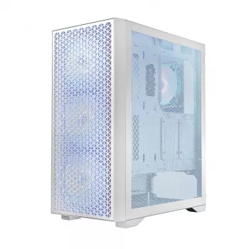 PC-kotelo LOGIC Dart Pro Midi ARGB valkoinen — Midi Tower, ATX, 456×200×385 mm, max. GPU 34 cm, CPU-jäähdyttimen korkeus 155 mm, 3x120 mm edessä + 1x120 mm takana, USB 3.0 x2, USB-C x1