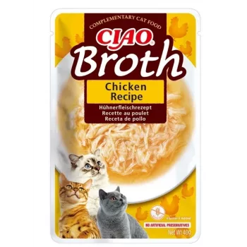 Märkäruoka kissoille INABA Ciao Broth kana 40 g pussi — lihaisa neste, viljaton, gluteeniton ja soijaton