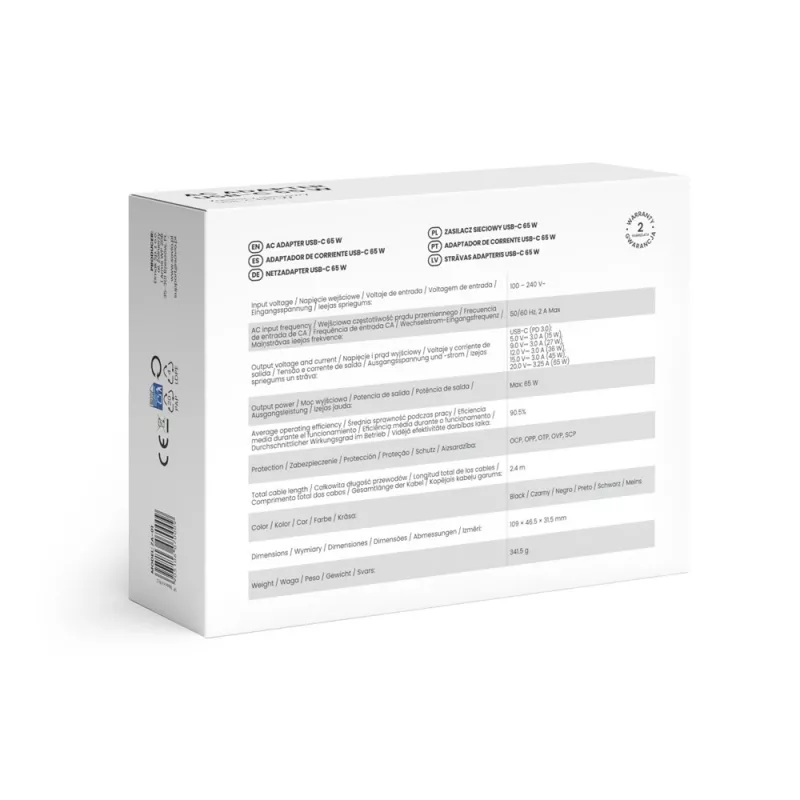 SAVIO ZA-01 -sisäkäyttöinen AC-laturi, 65W USB‑C PD 3.0, 100–240V tulo, yksi liitäntä, musta