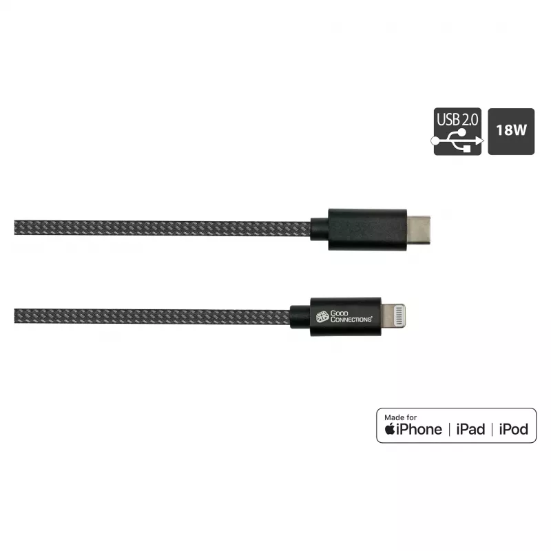 Good Connections USB 2.0 lataus- ja datakaapeli iPhone/iPad/iPod USB-C pistoke Lightning -liitäntään - korkealaatuisesti valmistettu ja virallisesti Applen ze