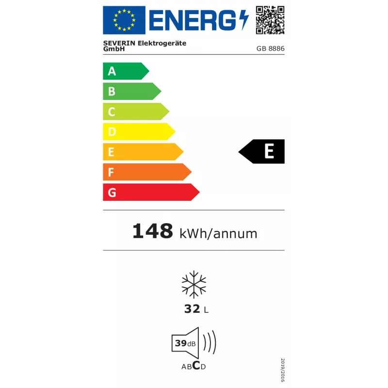 PystyPakastin SEVERIN GB 8886, 32 L nettotilavuus, luokka E, 500×480×445 mm, valkoinen