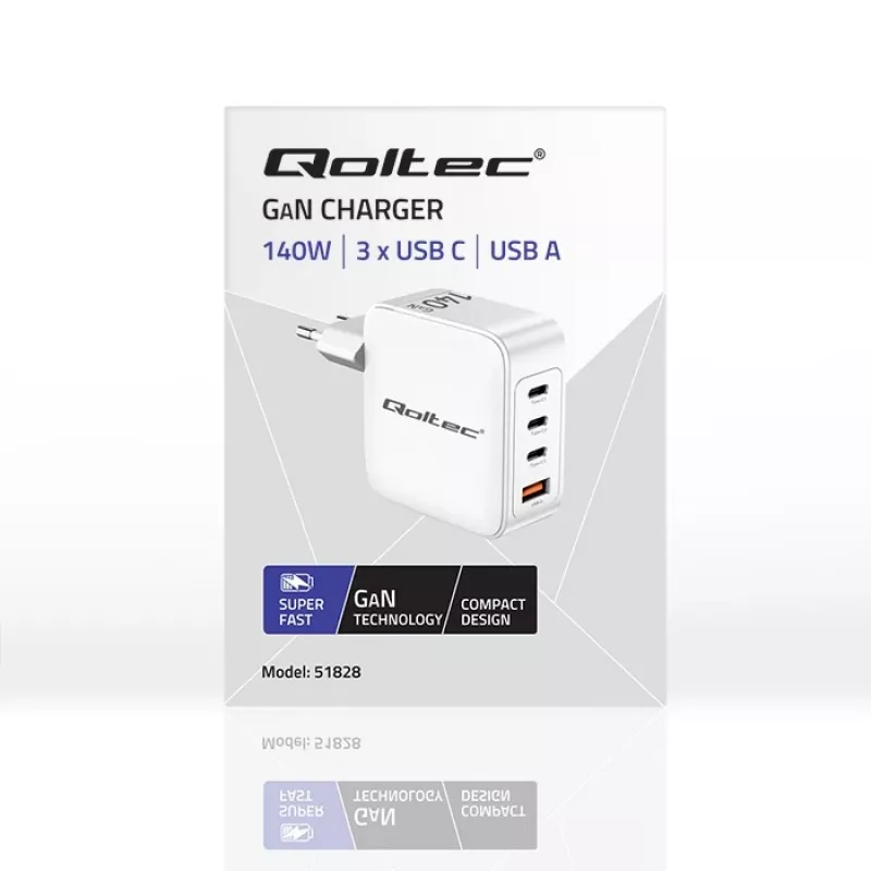 Laturi QOLTEC 51828 140W GaN 3×USB‑C PD + 1×USB‑A QC 3.0 – moniporttinen pikalaturi