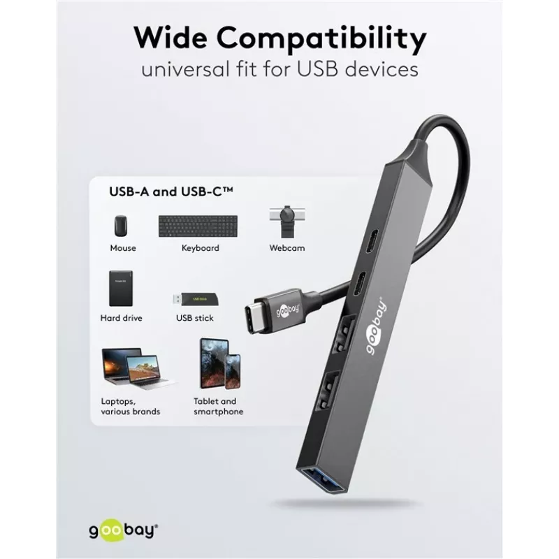 Goobay Slim 5-porttinen USB-keskitin, USB-C™–USB-C™/USB-A, USB 3.2 (74460)